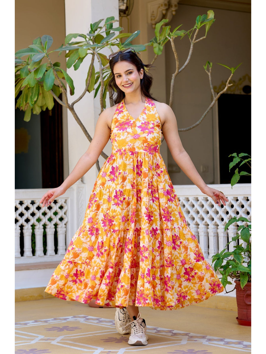 Floral Printed Pure Cotton Fit &amp; Flare Ethnic Dress