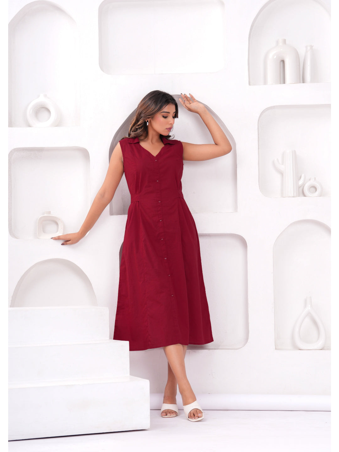 Solid Maroon Notched Collar Dress