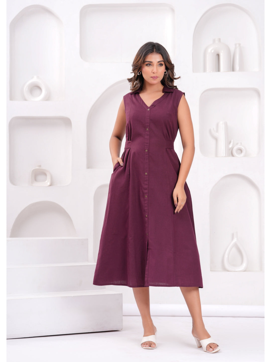 Solid Burgundy Notched Collar Dress