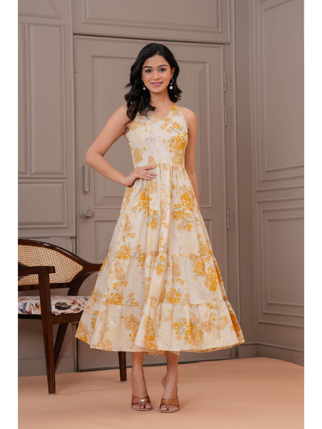 Printed Mustered Halter Neck Dress