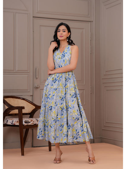 Printed Blue Halter Neck Dress