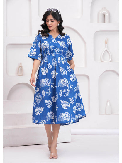 Blue Printed Midi Dress