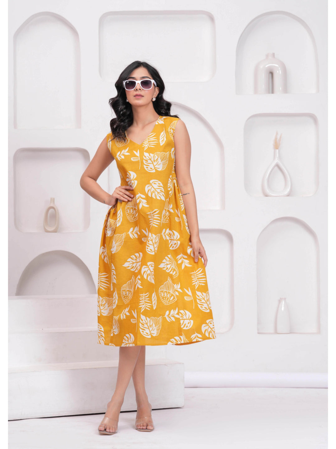 Yellow Printed Midi Dress