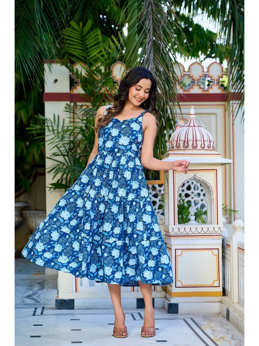 Blue Floral Printed Tired Dress