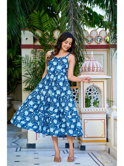 Blue Floral Printed Tired Dress