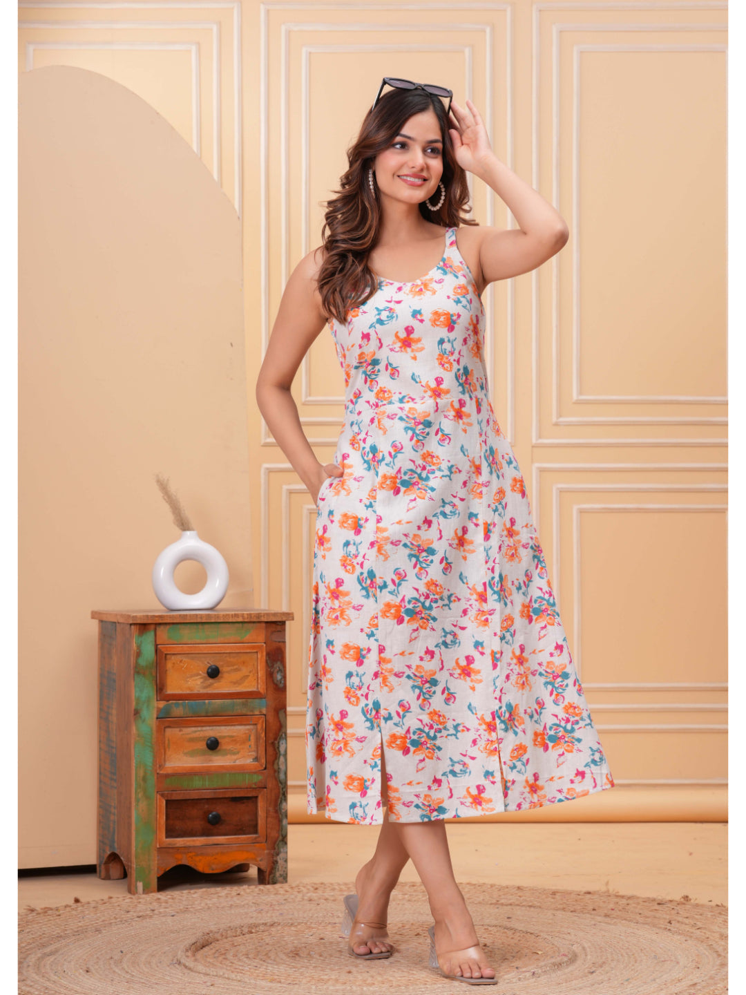 Off White Floral Printed Sleeveless Dress