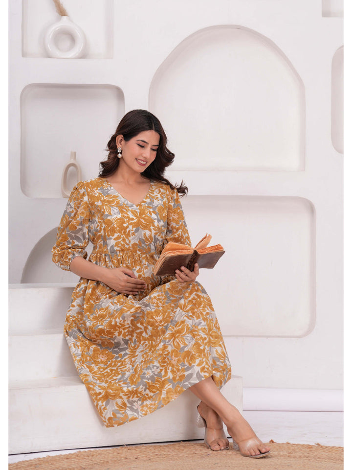 Mustard Printed Flared Maternity Dress