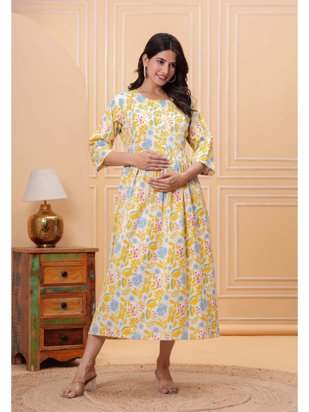 Yellow Floral Printed Flared Maternity Dress