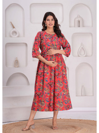 Maroon Floral Printed Flared Maternity Dress