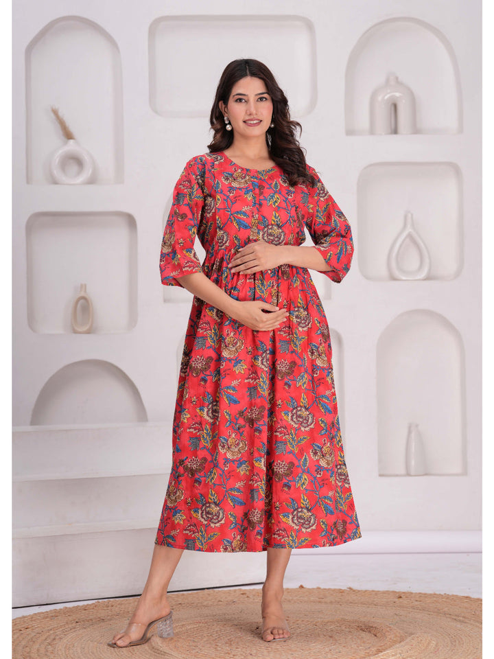 Maroon Floral Printed Flared Maternity Dress