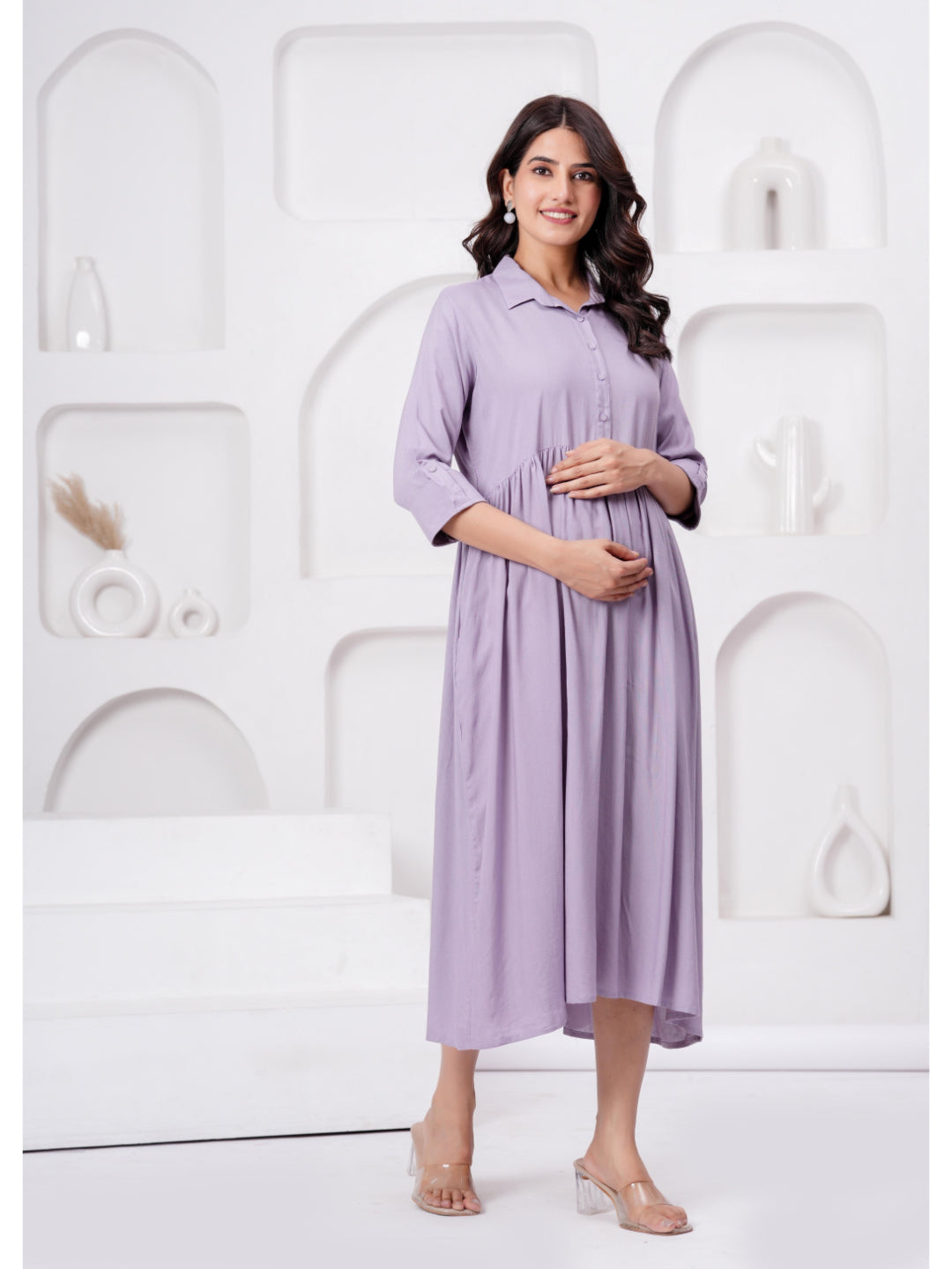 Lavender Solid Flared Maternity Dress