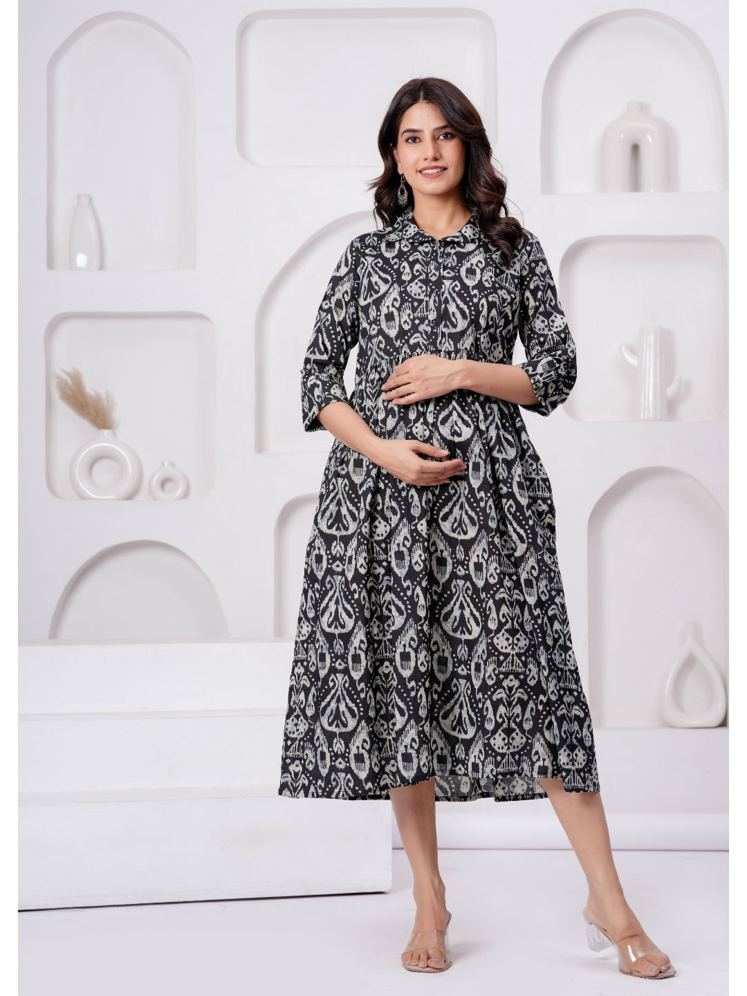 Black Printed Flared Maternity Dress