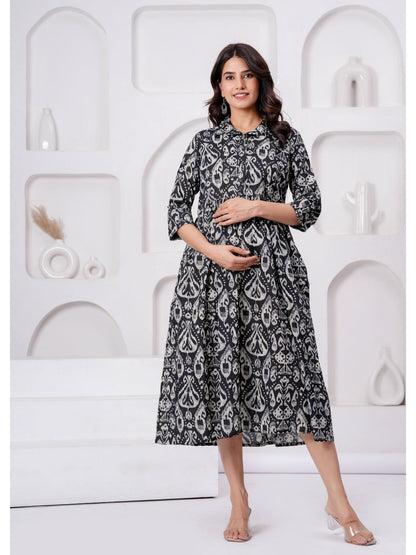 Black Printed Flared Maternity Dress