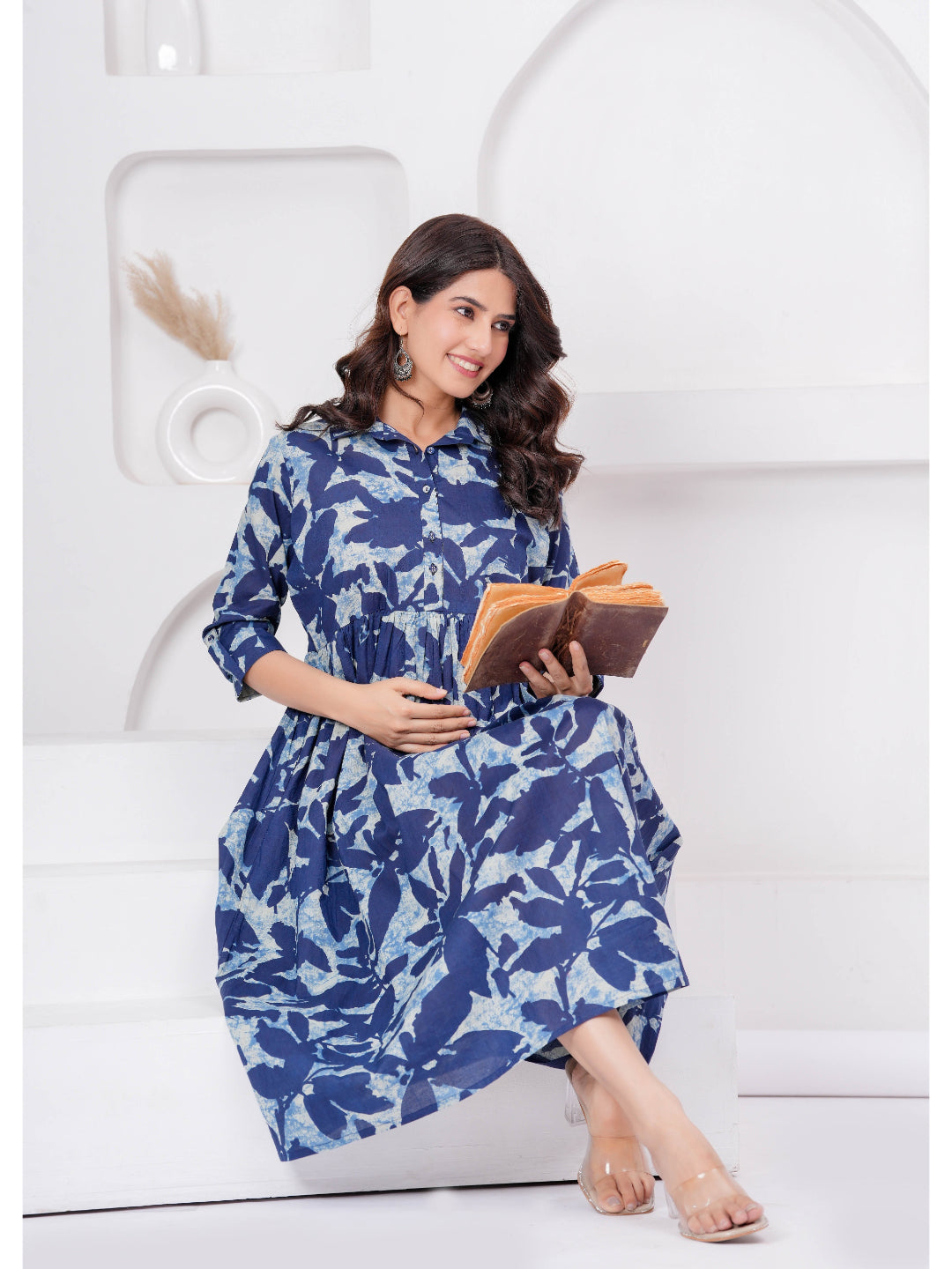 Blue Printed Flared Maternity Dress