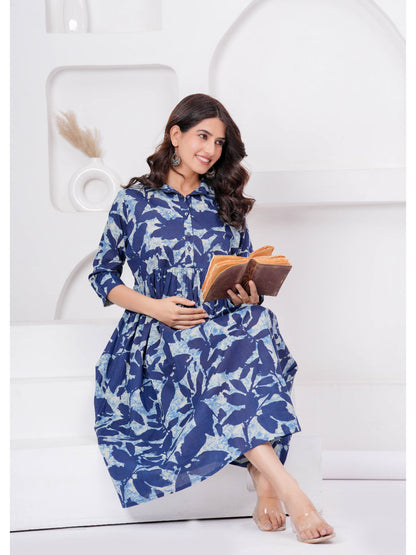 Blue Printed Flared Maternity Dress
