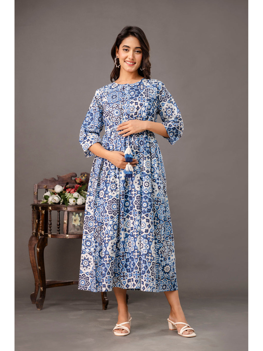 Blue Printed Maternity Dress