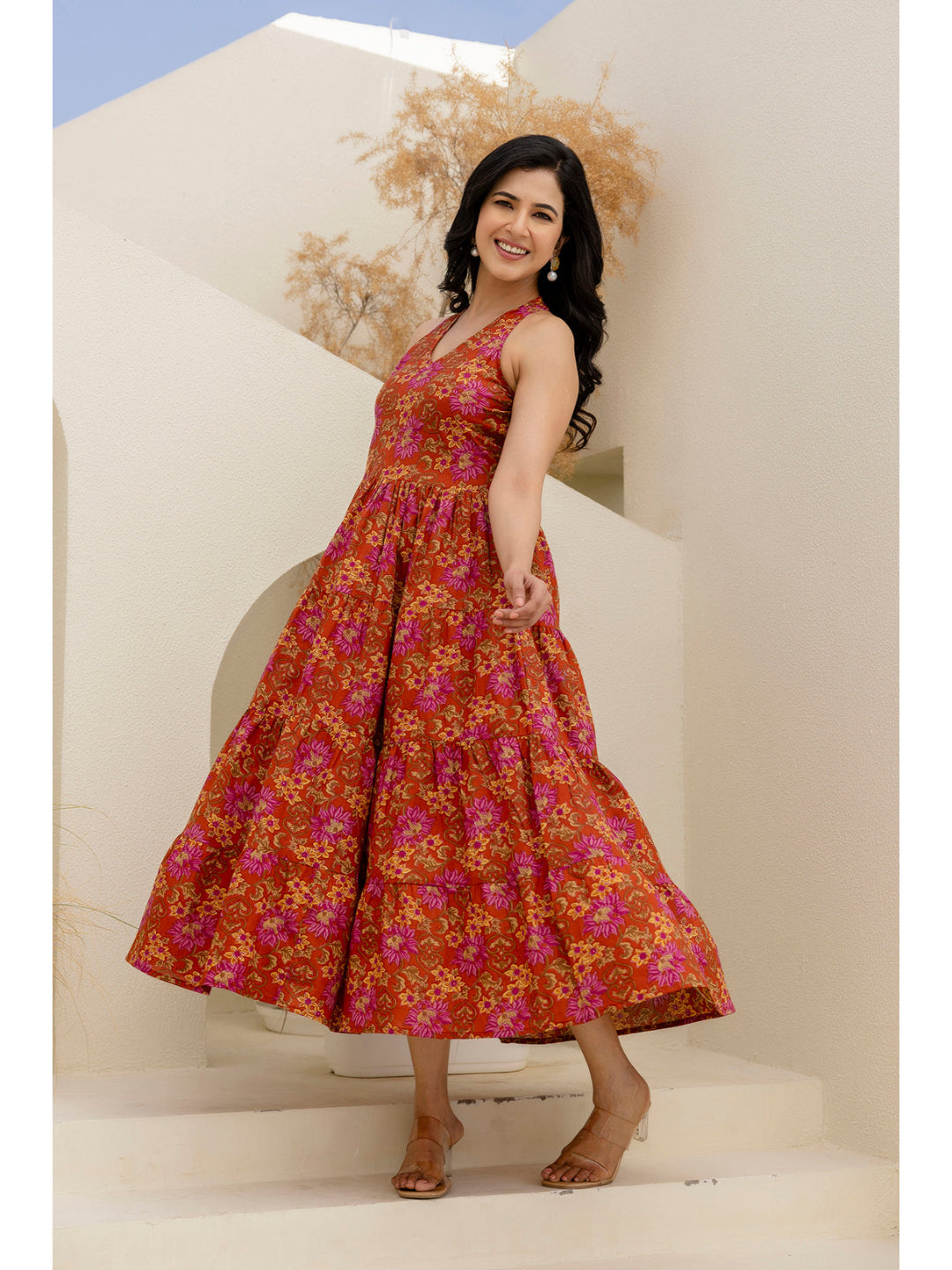 Printed Rust Halter Neck Dress