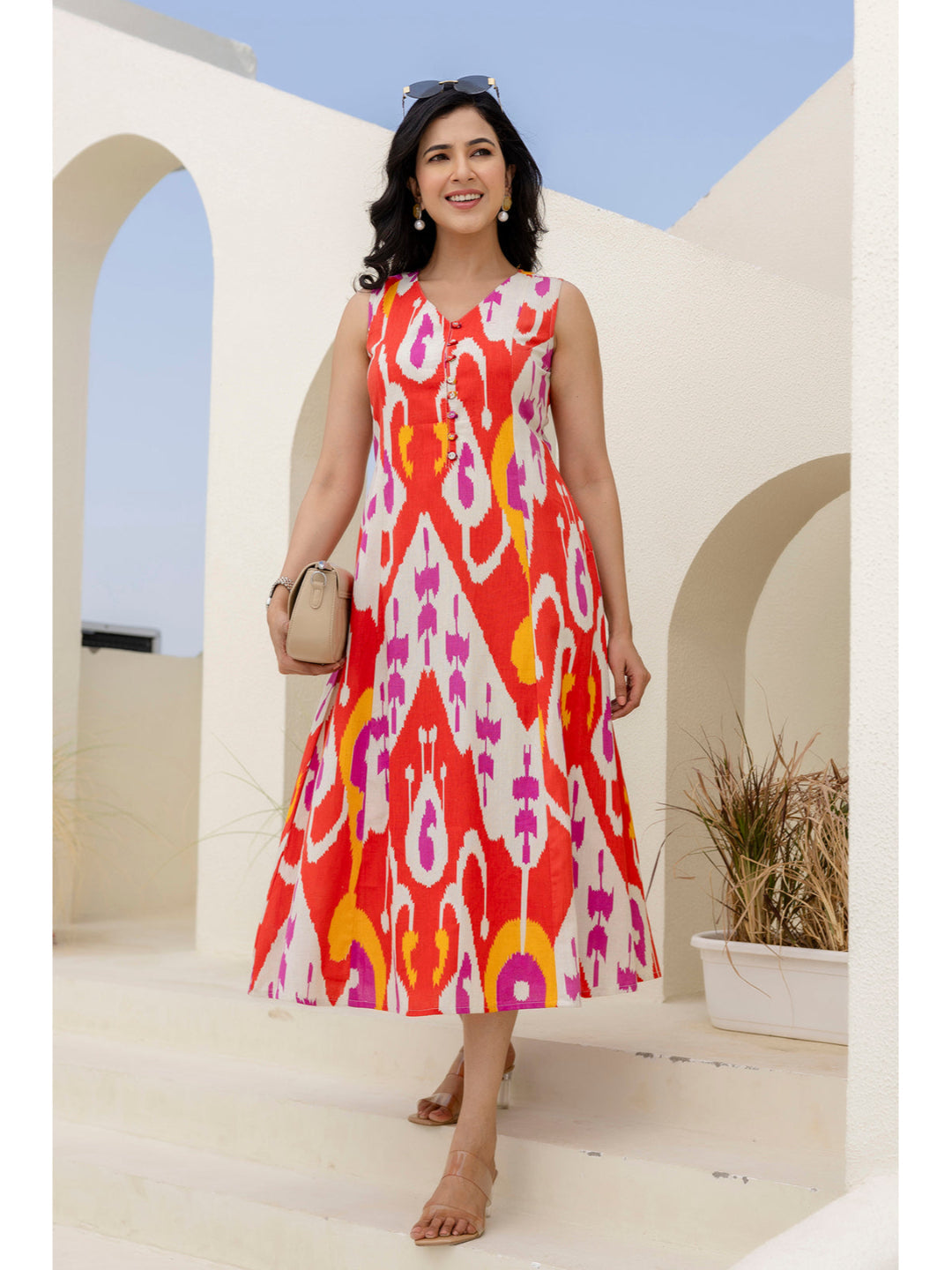 Printed Multicolor V- Neck Dress