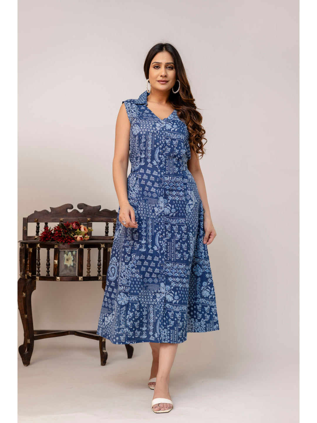 Blue Printed Notched Collar Dress