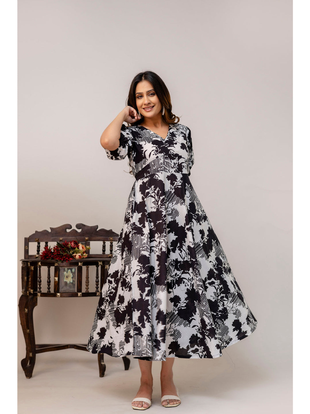 Black Floral Printed Flared Dress