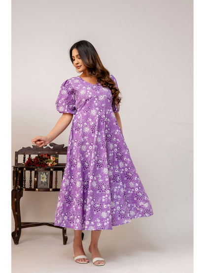 Purple Floral Printed Flared Dress