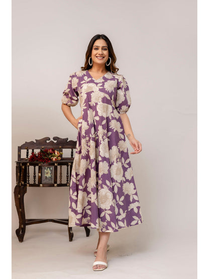 Purple Floral Printed Flared Dress