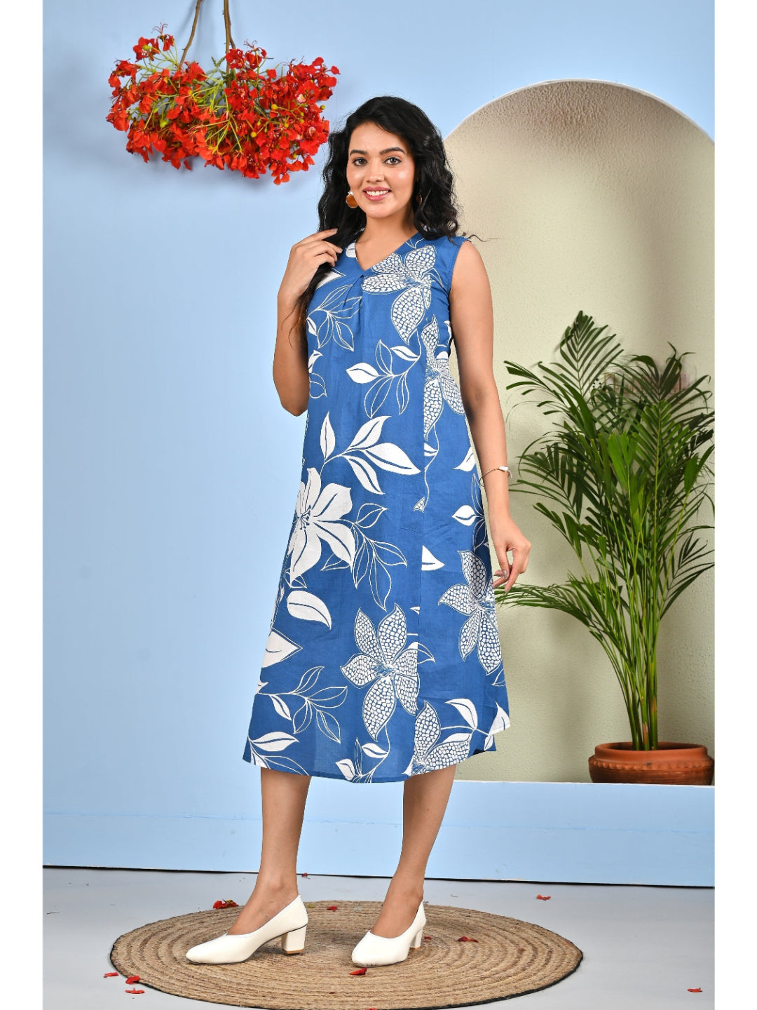 Blue Printed Midi Dress