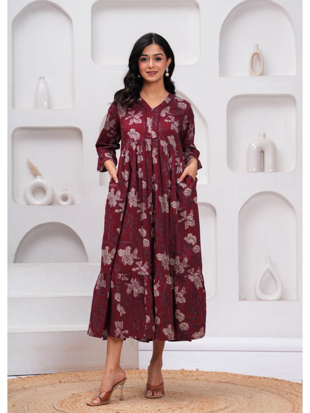 Burgundy Floral Printed Flared Dress