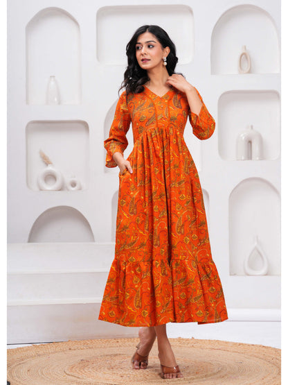 Orange Floral Printed Flared Dress