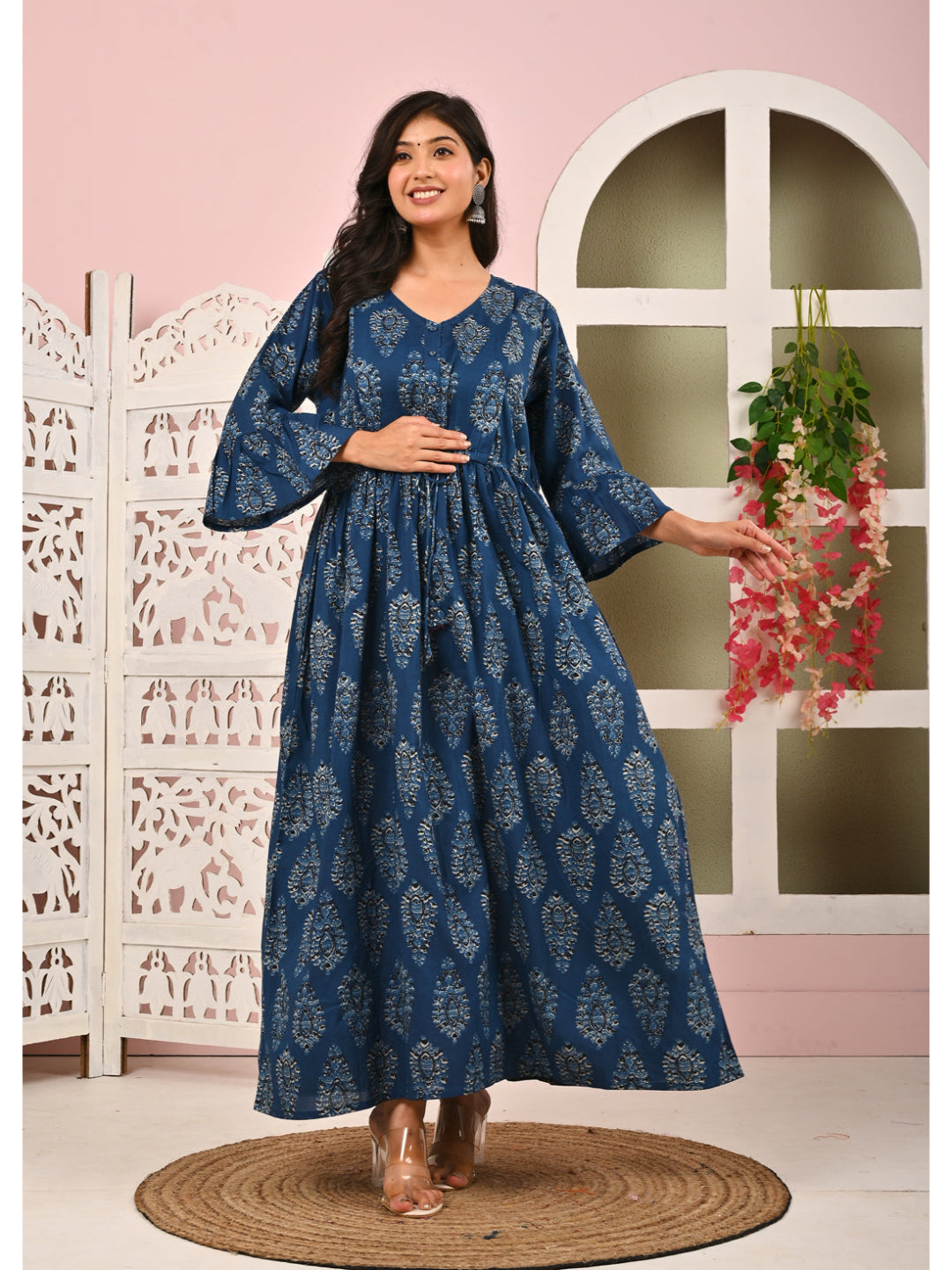 Blue Printed Maternity Dress