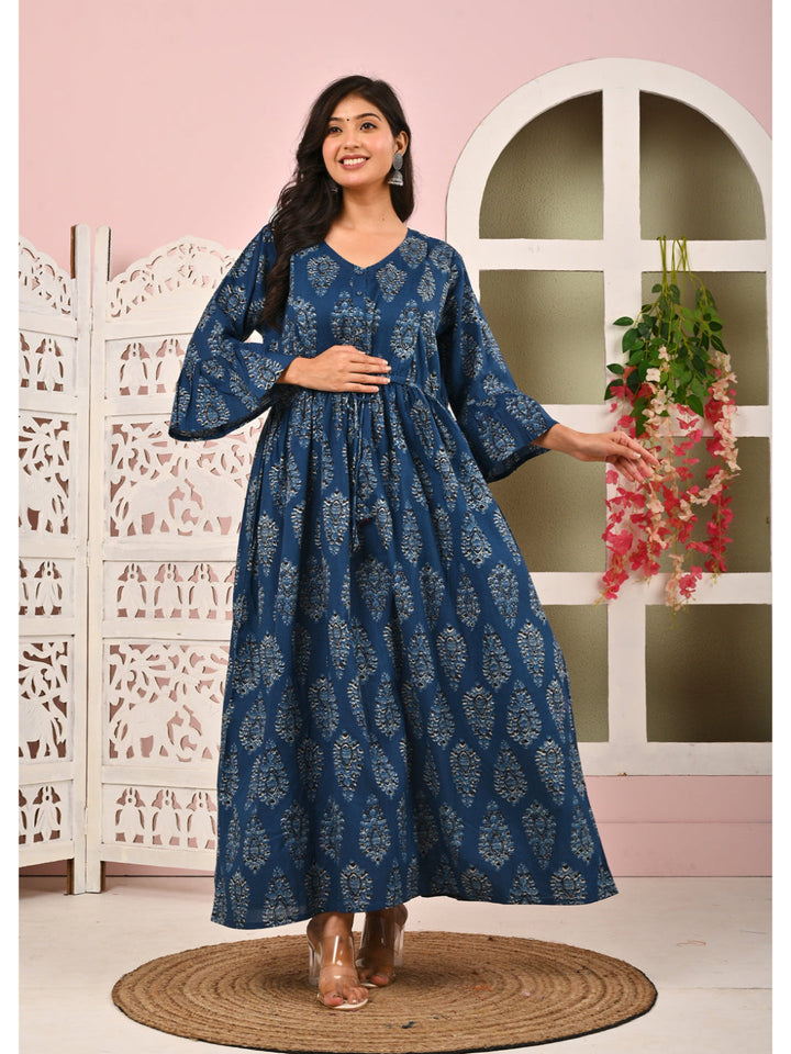 Blue Printed Maternity Dress