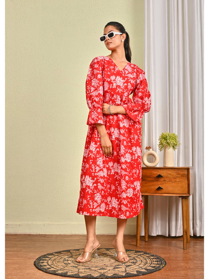 Women Red Printed Flared Dress