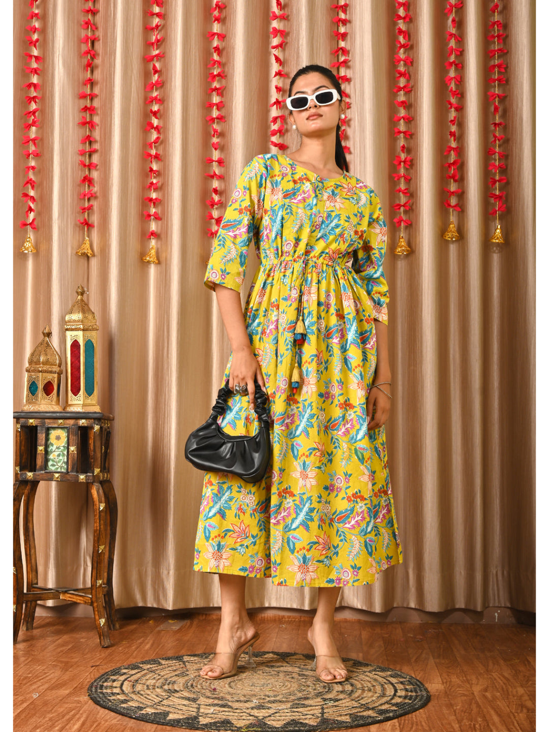 Women Yellow Printed Flared Dress
