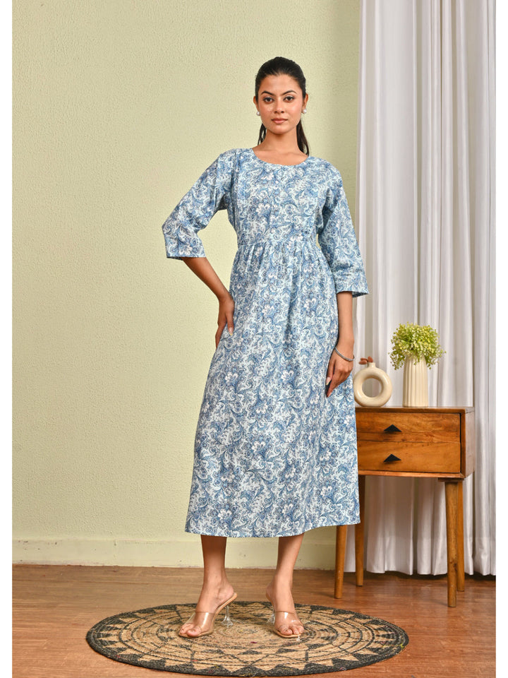Women Blue Printed Flared Dress