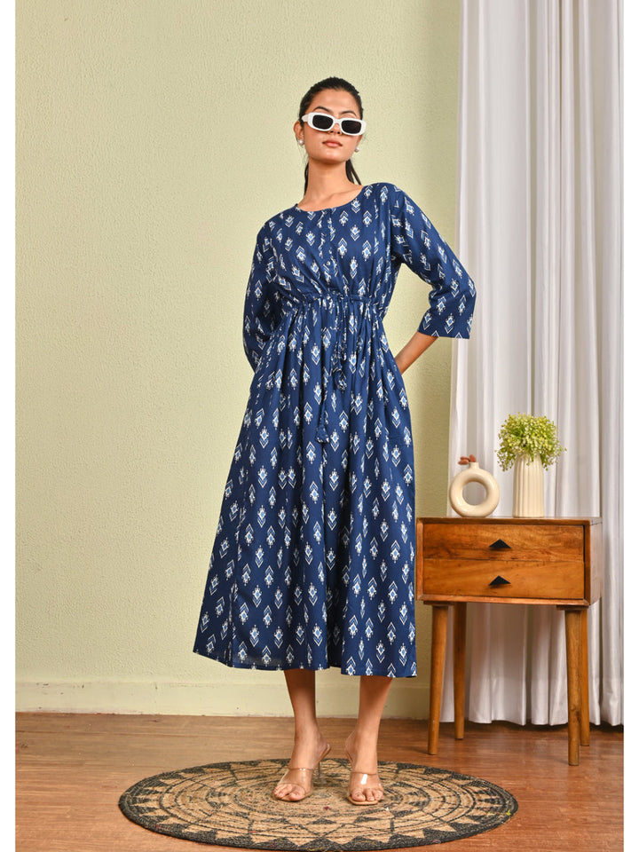 Women Blue Printed Flared Dress