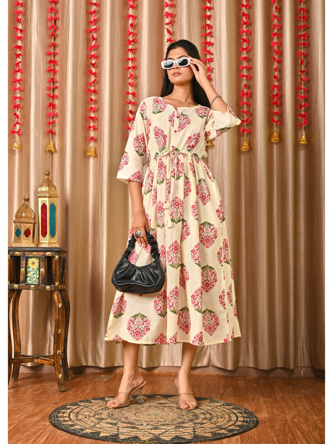 Women Off White &amp; Blue Floral Printed Dress With Three Quarter Sleeves