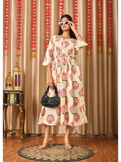 Women Off White & Blue Floral Printed Dress With Three Quarter Sleeves