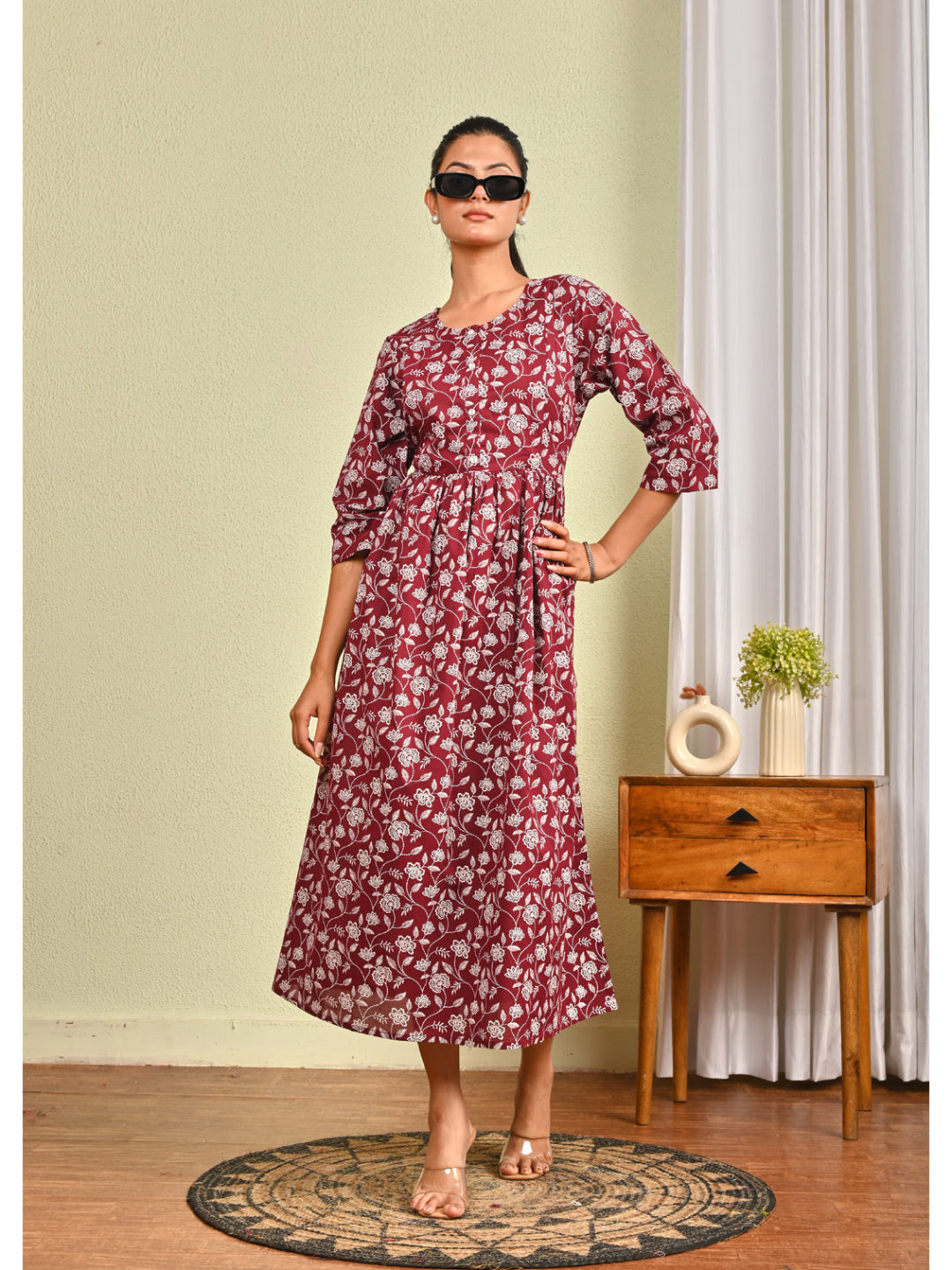Women Burgundy Printed Flared Dress