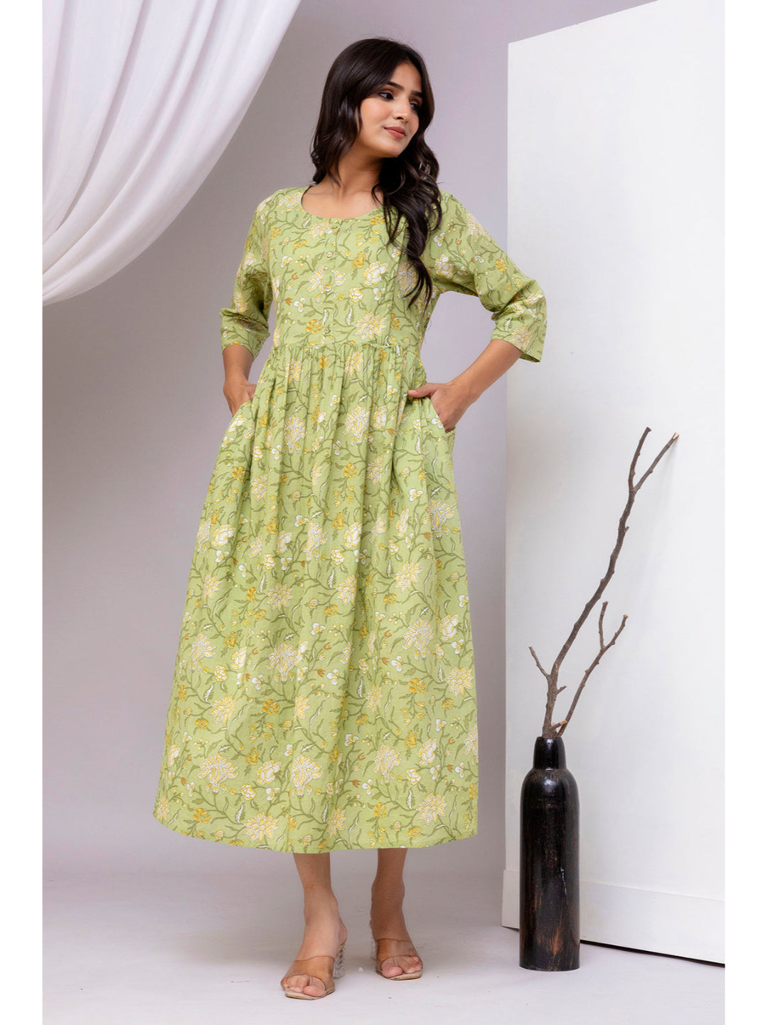 Green Printed Flared Dress for Women