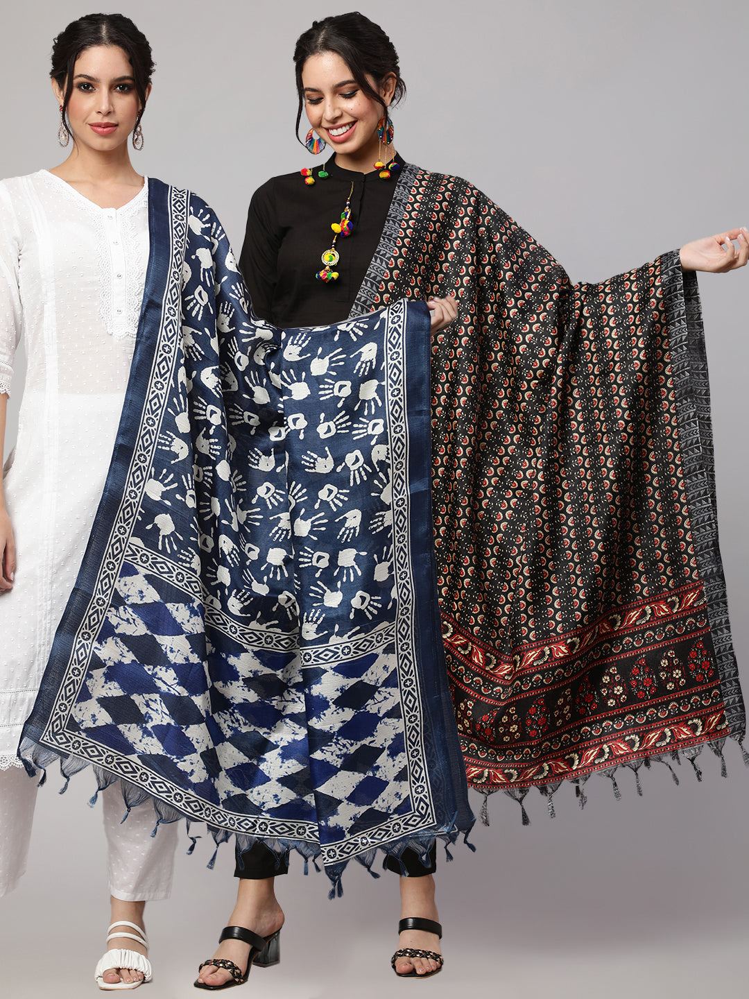 Blue And Black Printed Dupatta Combo, Pack Of Two