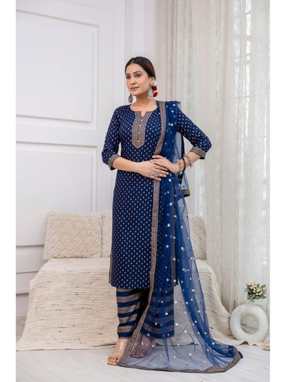 Navy Blue Gold Printed Straight Kurta Set With Net Dupatta