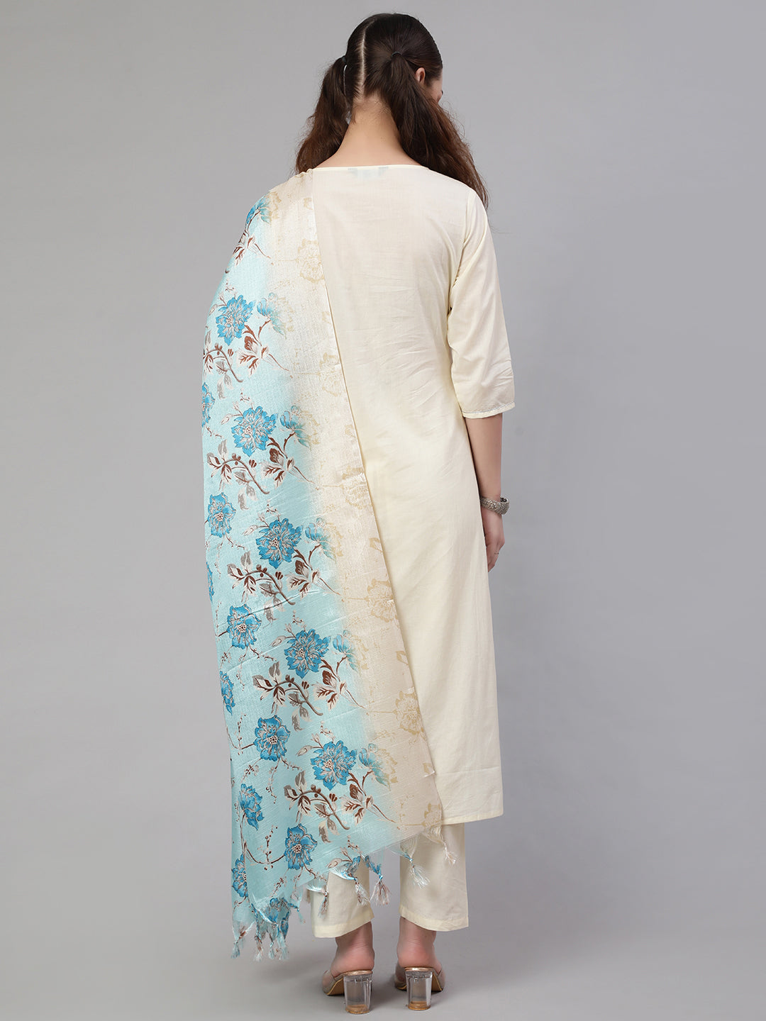 Cream Straight Solid Kurta With Trouser And Art Silk Dupatta