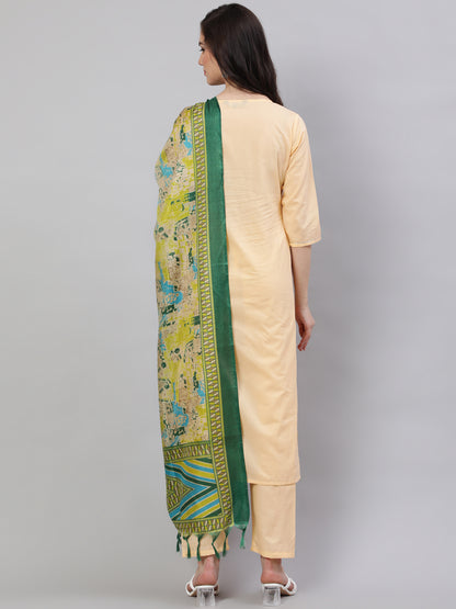 Cream Straight Solid Kurta With Trouser And Art Silk Dupatta