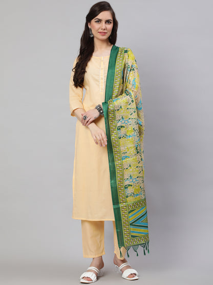 Cream Straight Solid Kurta With Trouser And Art Silk Dupatta