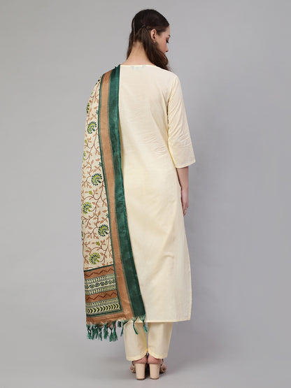 Cream Straight Solid Kurta With Trouser And Art Silk Dupatta