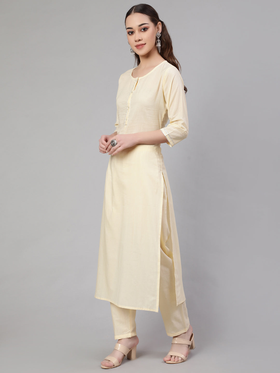 Cream Straight Solid Kurta With Trouser And Art Silk Dupatta