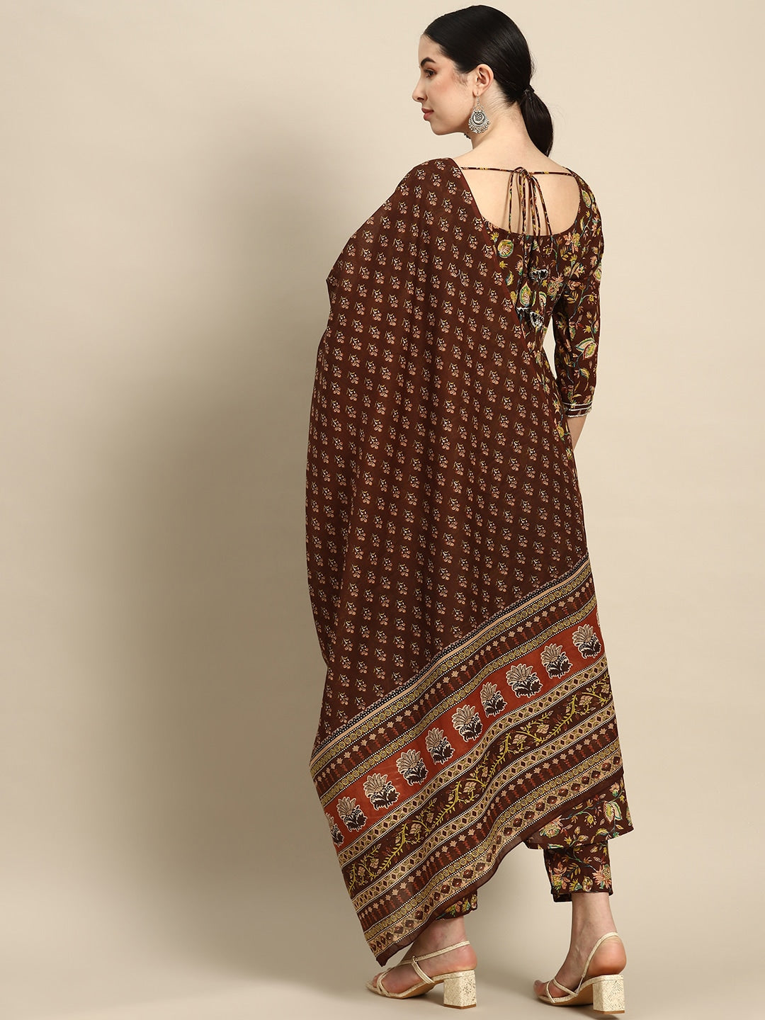 Brown Floral Printed Anarkali Kurta With Trouser And Dupatta