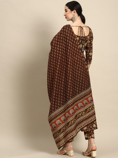 Brown Floral Printed Anarkali Kurta With Trouser And Dupatta