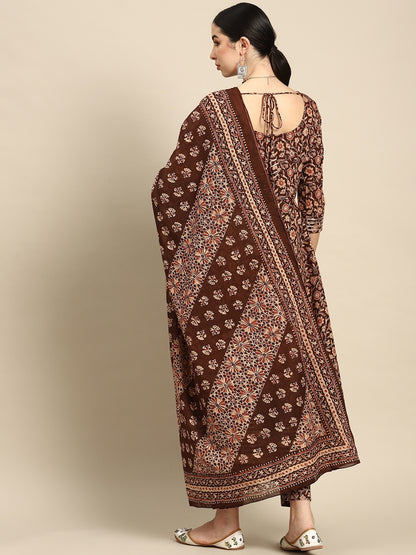 Brown Floral Printed Anarkali Kurta With Trouser And Dupatta