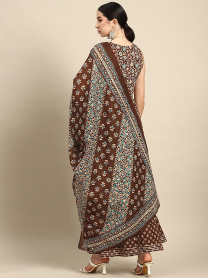 Brown Floral Printed Anarkali Kurta With Sharara And Dupatta